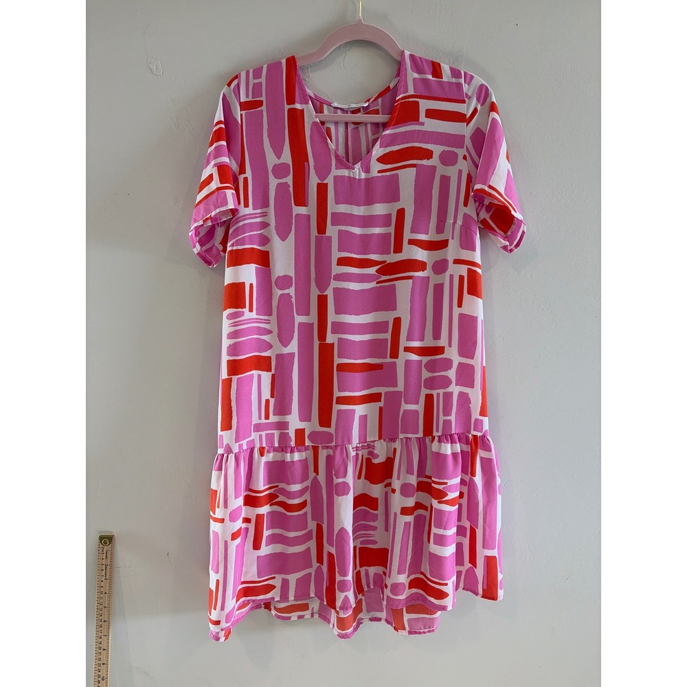 Michelle McDowell Pink Orange Geometric Abstract V-Neck Drop Waist Ruffle Dress